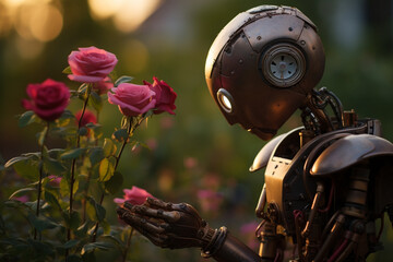 A humanoid robot which performs gardening in the garden. Idea of automation through robotics. Future tech and artificial intelligence made with Generative AI - obrazy, fototapety, plakaty