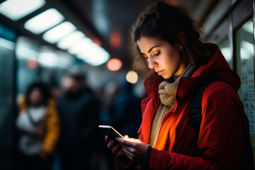 Beautiful photo of woman using her smartphone during her subway commute. Absorption in work and social networks.