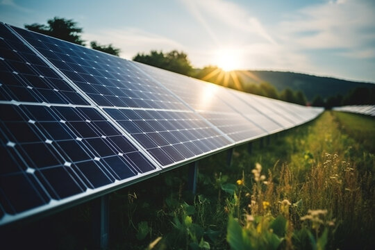 Solar panel situated in a green field under sunny skies with a blue backdrop. Emphasizing natural clean, carbon-neutral and secure energy concepts made with Generative AI