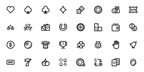 Simple Set of Gambling-Related Vector Icons, poker club and gambling casino black icons editable vector