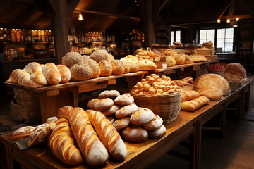 Variety of whole grain bread and buns, bakery with fresh baked pastry assortment