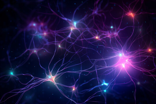 Neuronal cells forming a neural network. cells which communicate with each other and learn from each other. Future tech and artificial intelligence made with Generative AI
