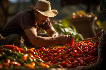 Farmer harvesting red hot chili pepper, picking spice on the plantation, growing vegetables on the field - obrazy, fototapety, plakaty