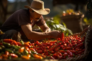 Poster Farmer harvesting red hot chili pepper, picking spice on the plantation, growing vegetables on the field © Berit Kessler
