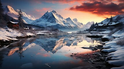 Fototapeta na wymiar Snow-covered mountains and lake Winter mountain, Background Image,Desktop Wallpaper Backgrounds, HD