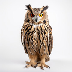 Obraz premium Brown owl portrait, isolated on white background. Eurasian Eagle-Owl, Bubo bubo, standing in front