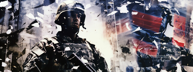 WAR, SOLDIER IN A DESTROYED CITY, HORIZONTAL FUTURISTIC IMAGE. image created by legal AI - obrazy, fototapety, plakaty