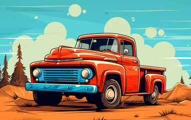 Illustration of a vintage retro pickup truck in vector format, representing a classic transportation vehicle.