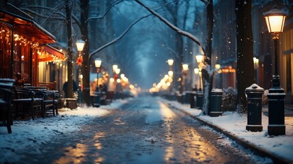 Fototapeta na wymiar Snowy city street during a snowfall Urban snowfall , Background Image,Desktop Wallpaper Backgrounds, HD