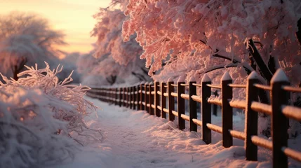 Foto op Canvas Snowy forest with a wooden fence Winter , Background Image,Desktop Wallpaper Backgrounds, HD © ACE STEEL D