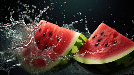 Water splashing on Sliced of watermelon on black background, generative ai