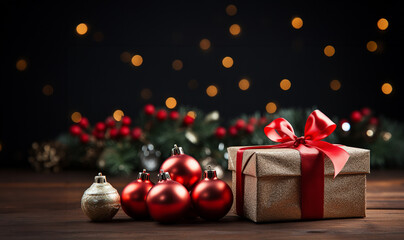 Christmas background theme. Christmas composition. Gifts, fir tree branches, red decorations on dark background. Christmas, winter, new year concept. Flat lay, top view, copy space. Merry Christmas 