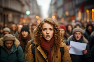 Crowd of people at a protest, human rights demonstration, social issue, political activist, global warming and climate change