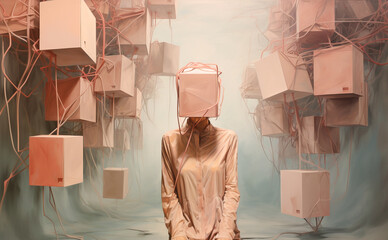 Think outside the box, woman with cardboard on her head, creative mind, brainstorming for new ideas, be innovative, no limitation
 - obrazy, fototapety, plakaty