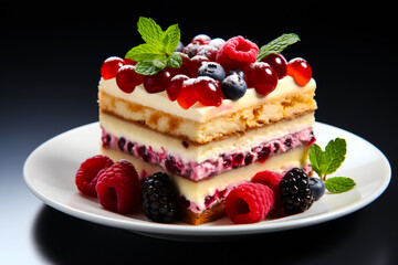 Image of delicious cake with  raspberries on top 