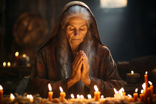 Old woman praying in church with candle light, belief and faith concept, catholic and protestant community, religion of Jesus Christ