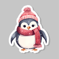 Vector flat cartoon penguin wearing winter outfit Funny polar winter bird banner poster greeting card. Cartoon character wild penguin in watercolordesign. Vector illustration isolated sticker   