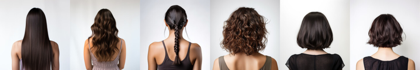 Various haircuts for woman with dark brown brunett hair - long straight, wavy, braided ponytail, small perm, bobcut and short hairs. View from behind on white background. Generative AI - Powered by Adobe