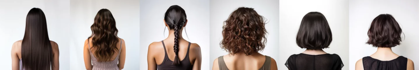 Fototapeten Various haircuts for woman with dark brown brunett hair - long straight, wavy, braided ponytail, small perm, bobcut and short hairs. View from behind on white background. Generative AI © Lubo Ivanko