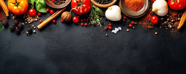 Fotobehang Black stone cooking background, Gourmet Cuisine: Aromatic Spices and Organic Vegetables for Delicious Meals , Spices and vegetables, Top view  Free space, Kitchen Essentials: Culinary Herbs  © ruslee