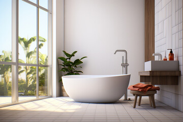 Empty airy bathroom with white walls, a large window, and palms