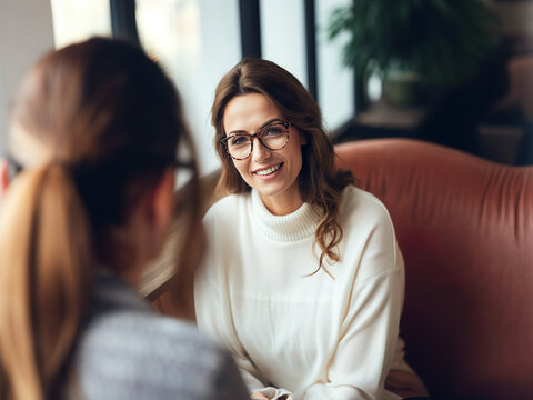 A woman psychotherapist in glasses is talking to a client