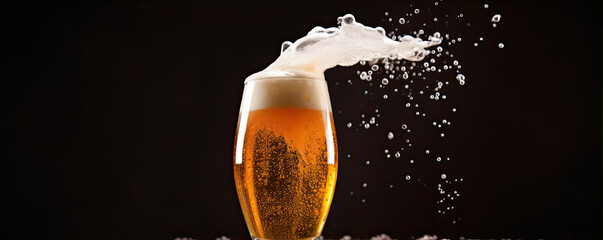 Glass of beer with white froth on black background.