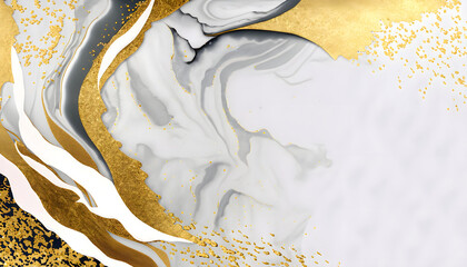 Abstract art luxury white background of liquid fluid white and gold glitter with copy space for text for background, banner, wallpaper.