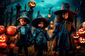Halloween party, children dressed in costumes playing through the dark streets with fog and darkness, pumpkins and bats