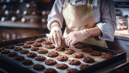 Pastry chef cooking a lot of chocolate cookies