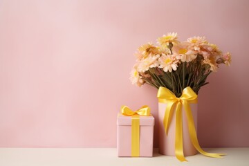 Bouquet of pastel pink flowers in a box on a pink background with copy space. Valentine's Day, happy birthday.