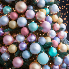 Branch of the New Year tree close up. Decorated with colorful pastel balls. Christmas atmosphere