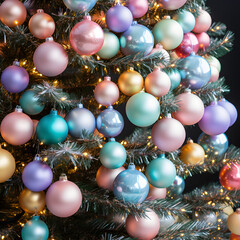 Christmas atmosphere. Branch of the New Year tree close up. Decorated with colorful pastel balls. 