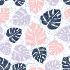 Philodendron jungle foliage floral repeat pattern over noisy background.