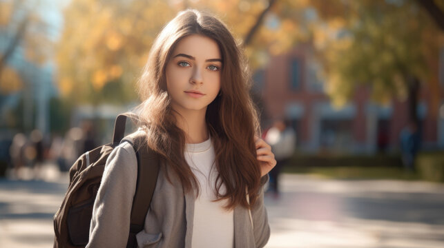 young girl student outside college, Female college or university student, Caucasian young woman model wearing school bag, generative ai