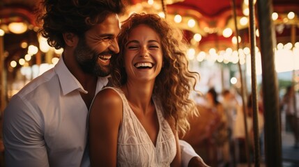 Obraz premium Beautiful happy couple laughing in a carousel at Luna Park