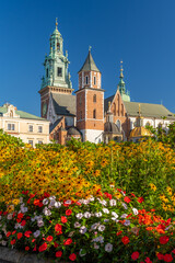 Summer view of Wawel cathedral and Wawel castle with blooming flowers on the Wawel Hill, Krakow, Poland
