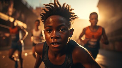 Black young athlete running competition - obrazy, fototapety, plakaty