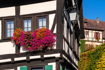 Truss facades in Bebenhausen village near Tübingen, Germany. Half timbered old houses with...