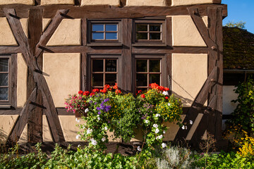 Fototapeta na wymiar Truss facades in Bebenhausen village near Tübingen, Germany. Half timbered old houses with colorful flower decoration on a late summer morning. Historic sight and attraction with monastery and castle.