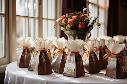 Wedding decorration, flower bouguet on a table with wedding favor bags, elegant and inspiring