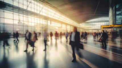 People in airport terminal, Passengers in an airport, blurred background, generative ai