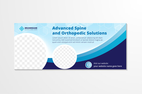 advanced spine and orthopedic solutions banner template design with photo and text placement, professional eye catchy colorful. Standard for web page banner and social media, horizontal vector layout.