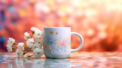 Naklejka na ściany i meble Coffee cup with printing flower and blur background