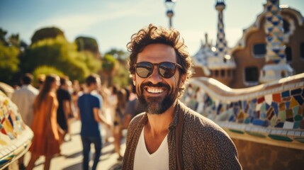 Tourists take selfies with smartphones in Park Guell, Barcelona, Spain - Man smiling on vacation - obrazy, fototapety, plakaty
