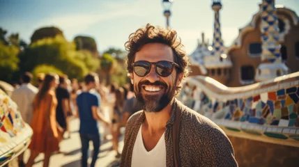 Schilderijen op glas Tourists take selfies with smartphones in Park Guell, Barcelona, Spain - Man smiling on vacation © sirisakboakaew