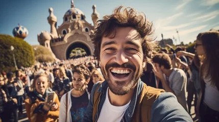 Raamstickers Tourists take selfies with smartphones in Park Guell, Barcelona, Spain - Man smiling on vacation © sirisakboakaew