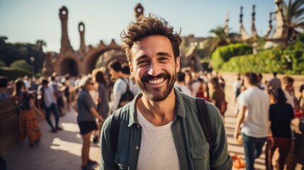 Tourists take selfies with smartphones in Park Guell, Barcelona, Spain - Man smiling on vacation - obrazy, fototapety, plakaty
