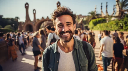 Poster Tourists take selfies with smartphones in Park Guell, Barcelona, Spain - Man smiling on vacation © sirisakboakaew