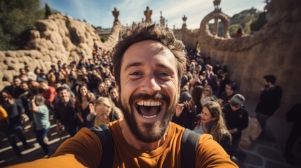 Obraz premium Tourists take selfies with smartphones in Park Guell, Barcelona, Spain - Man smiling on vacation